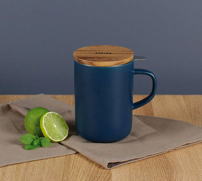OGO Living Blue stoneware large tea infusing mug with wooden lid - 475ml image number 4