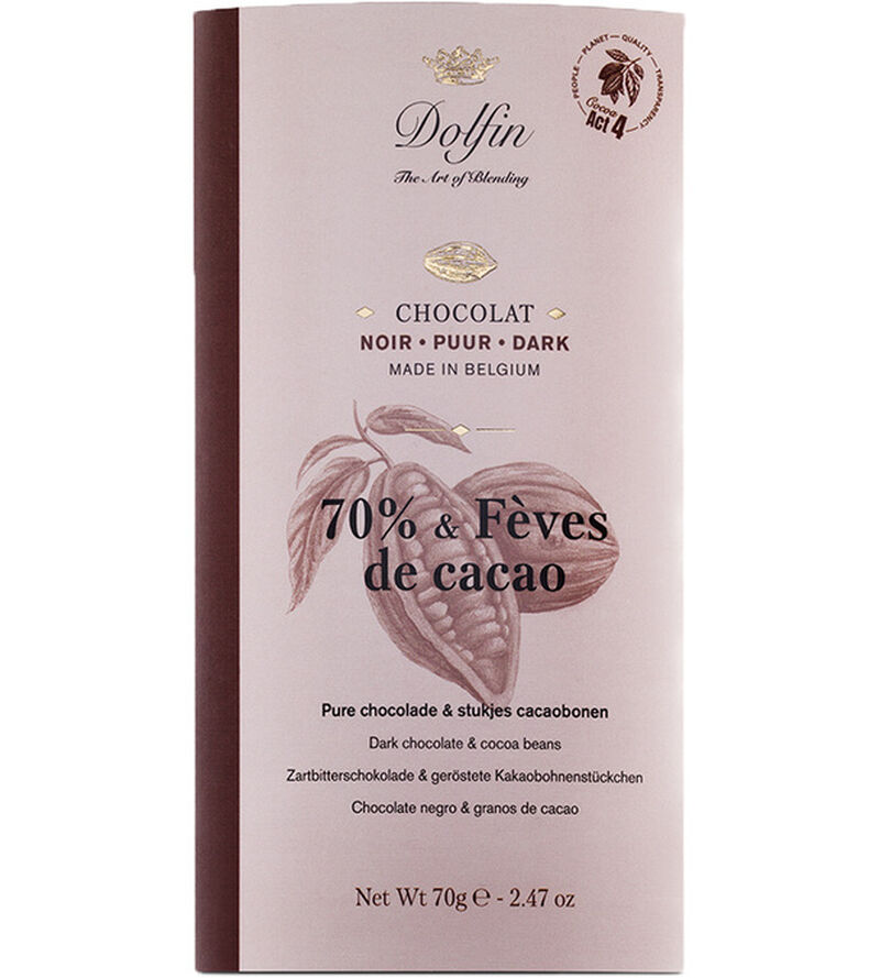 Dolfin Dark Chocolate Bar 70% Cocoa with Cocoa Beans - 70g image number 0