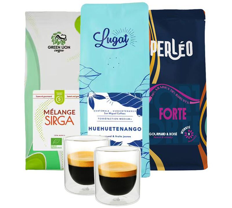 Maxicoffee - Caff&egrave; in chicchi - Confezione scoperta 3 x 250 g con set di 2 bicchieri image number 0