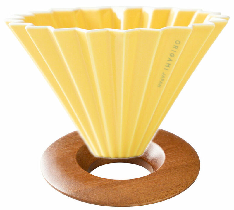 Origami Dripper M in Porcelain Yellow Colour + Wooden Holder image number 0