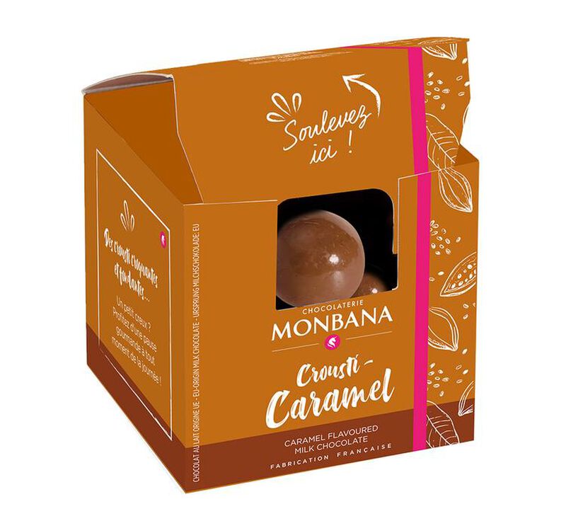Monbana - Palline di cereali ricoperte di cioccolato e caramello - Crousti Caramel 90 g image number 0
