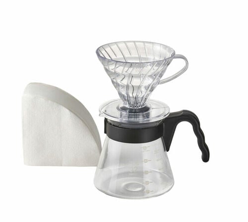 Hario Starting Kit: V60 Plastic Dripper, Glass Server, Mini Black Pro Grinder and Polaris Scale