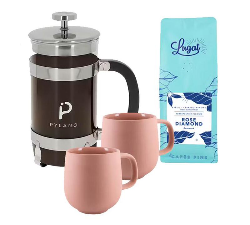 Pack of Pylano Cafeti&egrave;re 1L and Terra Mugs in Pink with Lugat Rose Diamond Ground Coffee - 250g image number 0
