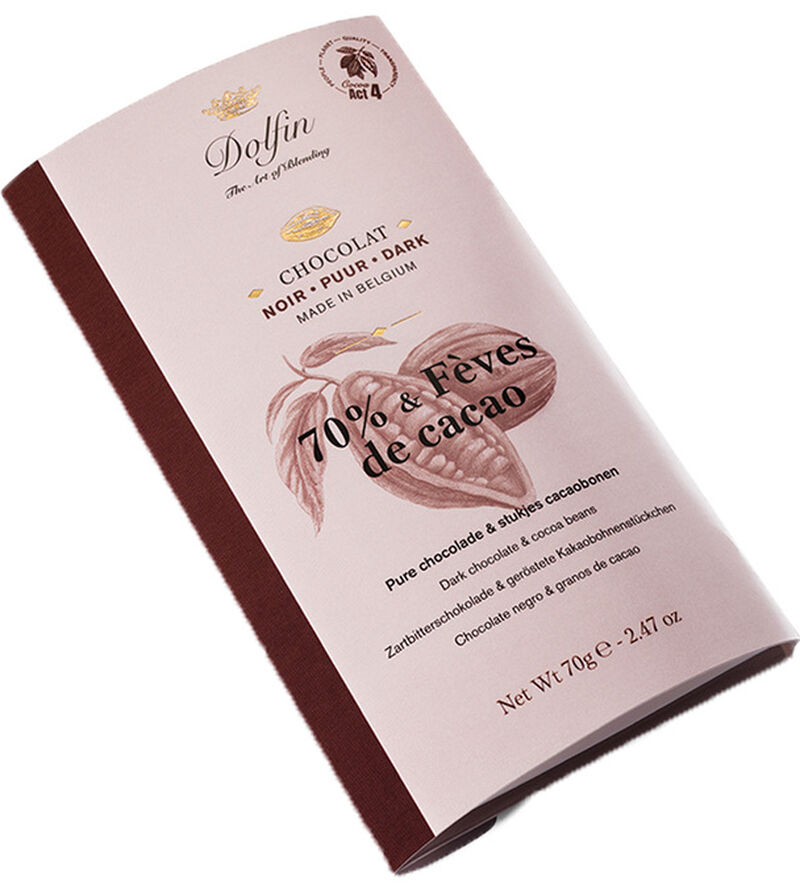 Dolfin Dark Chocolate Bar 70% Cocoa with Cocoa Beans - 70g image number 1