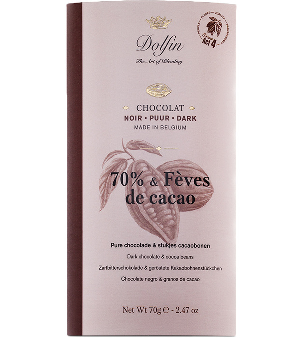 Dolfin 70% Dark Chocolate Bar with Cocoa Beans